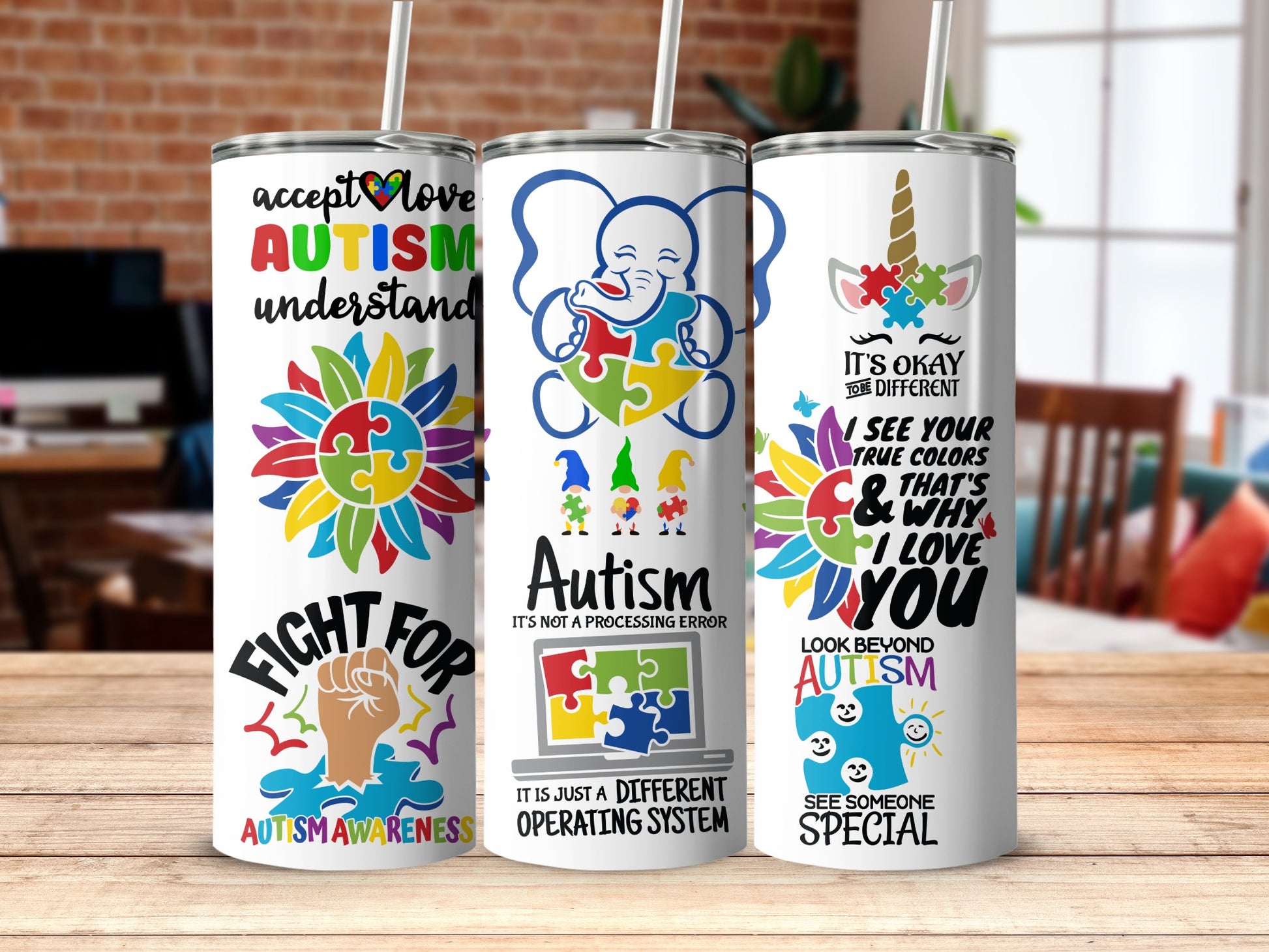 Colorful Autism Awareness Tumblers Set with Unique Designs