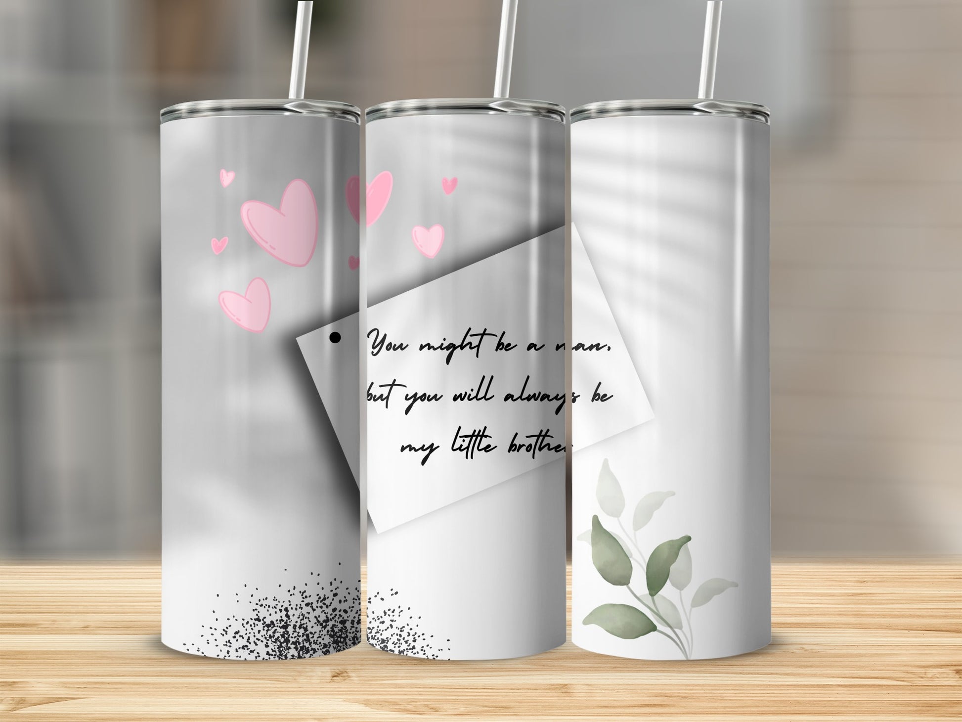 Personalized Tumbler with Heart and Leaf Designs and Quote