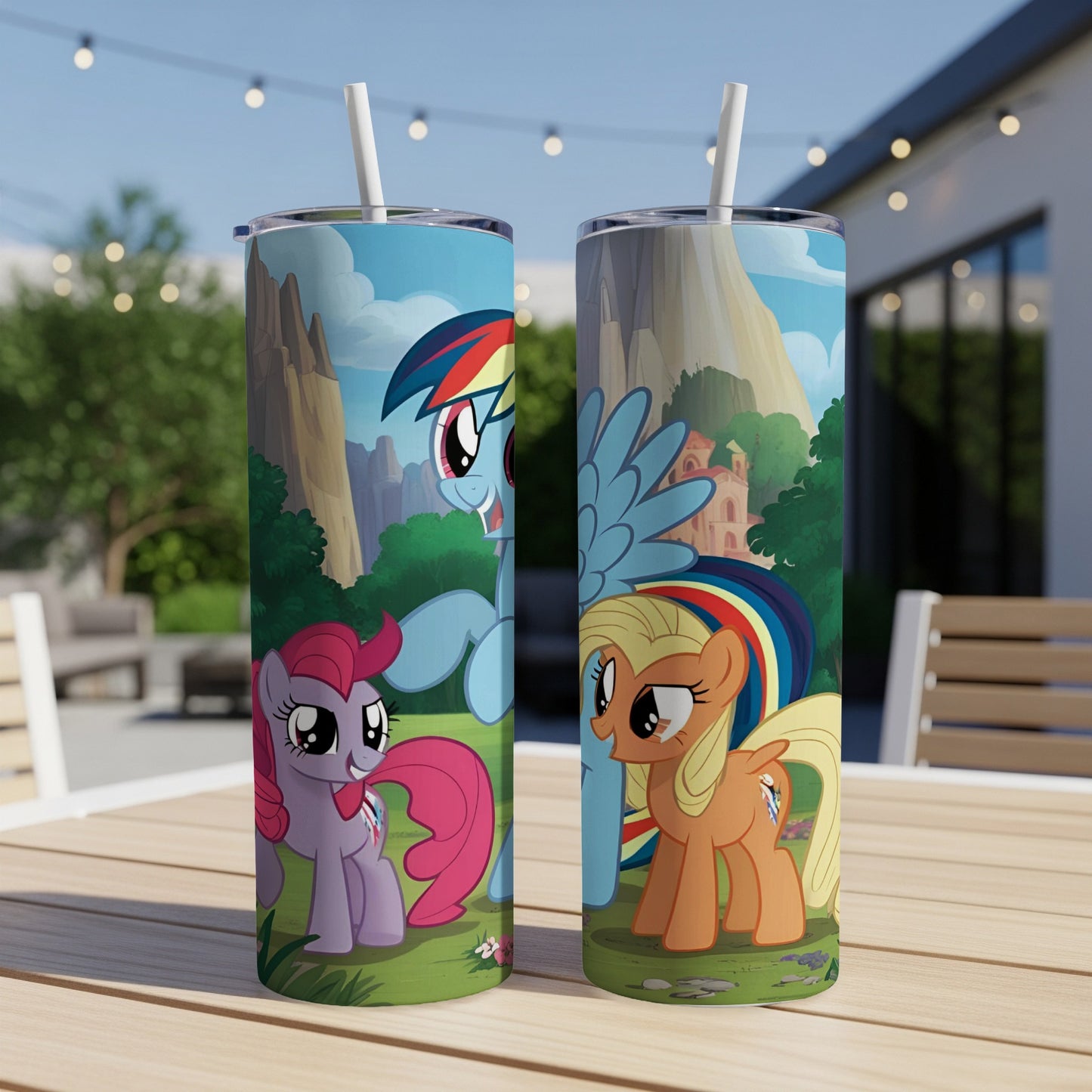 My Little Pony characters Rainbow Dash and Applejack on a colorful tumbler.