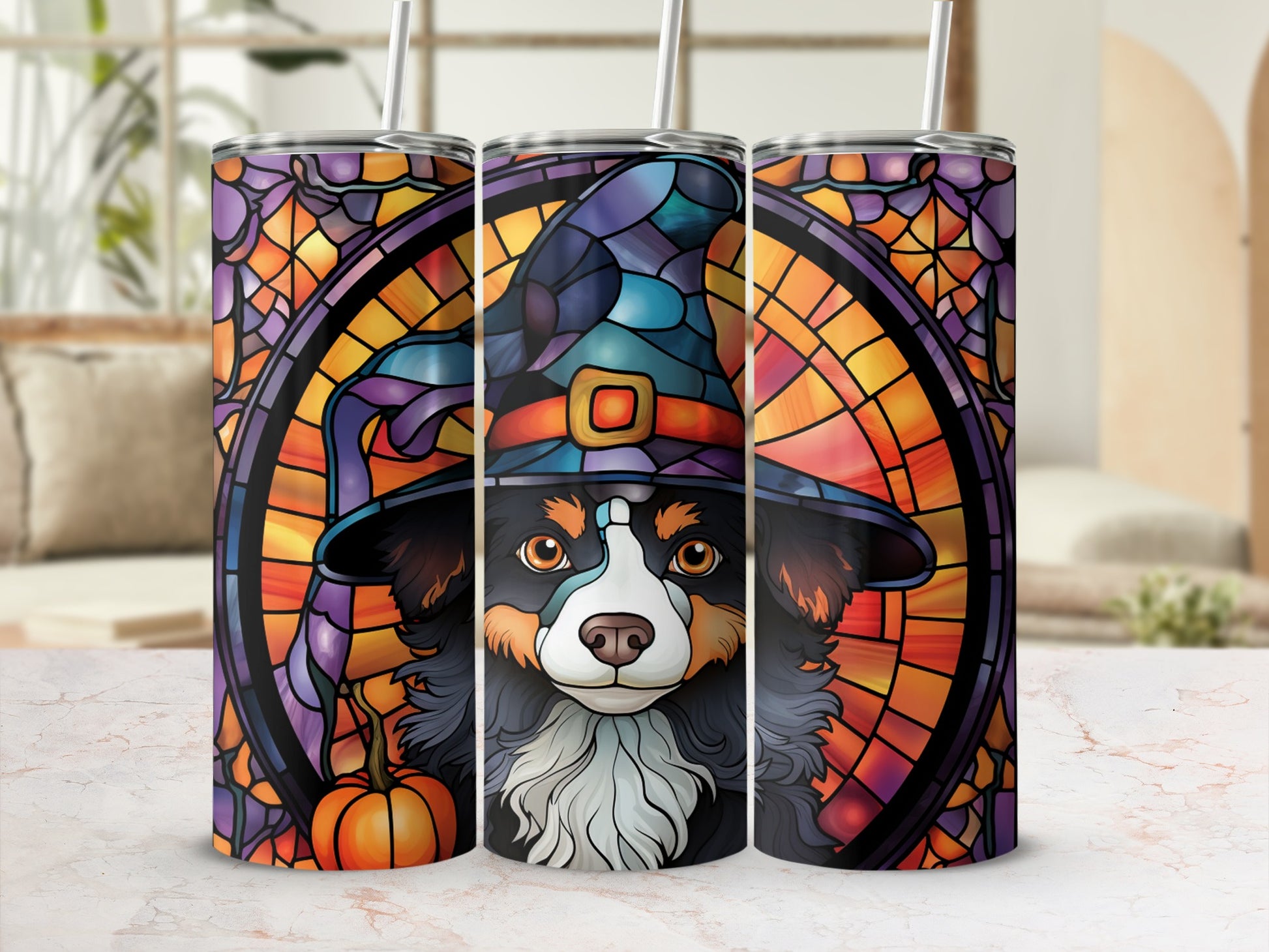 Dog wearing a witch hat and stained-glass pumpkin frame.