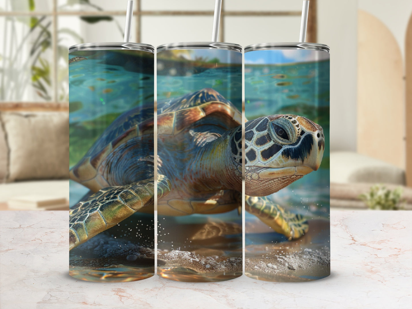 Sea turtle swimming underwater, shown in three panels against a blurred background.