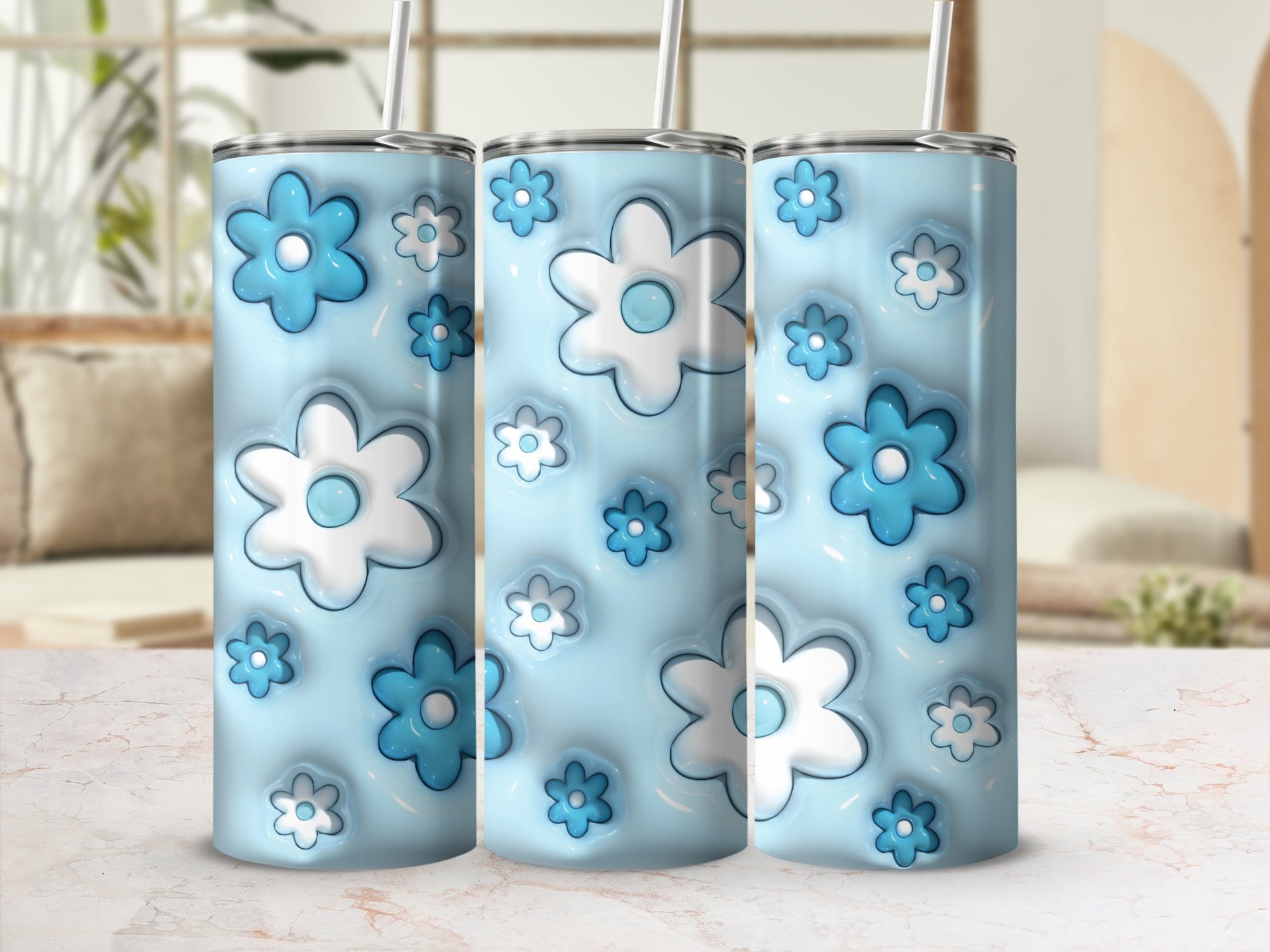 Blue Floral Pattern Insulated Stainless Steel Tumbler
