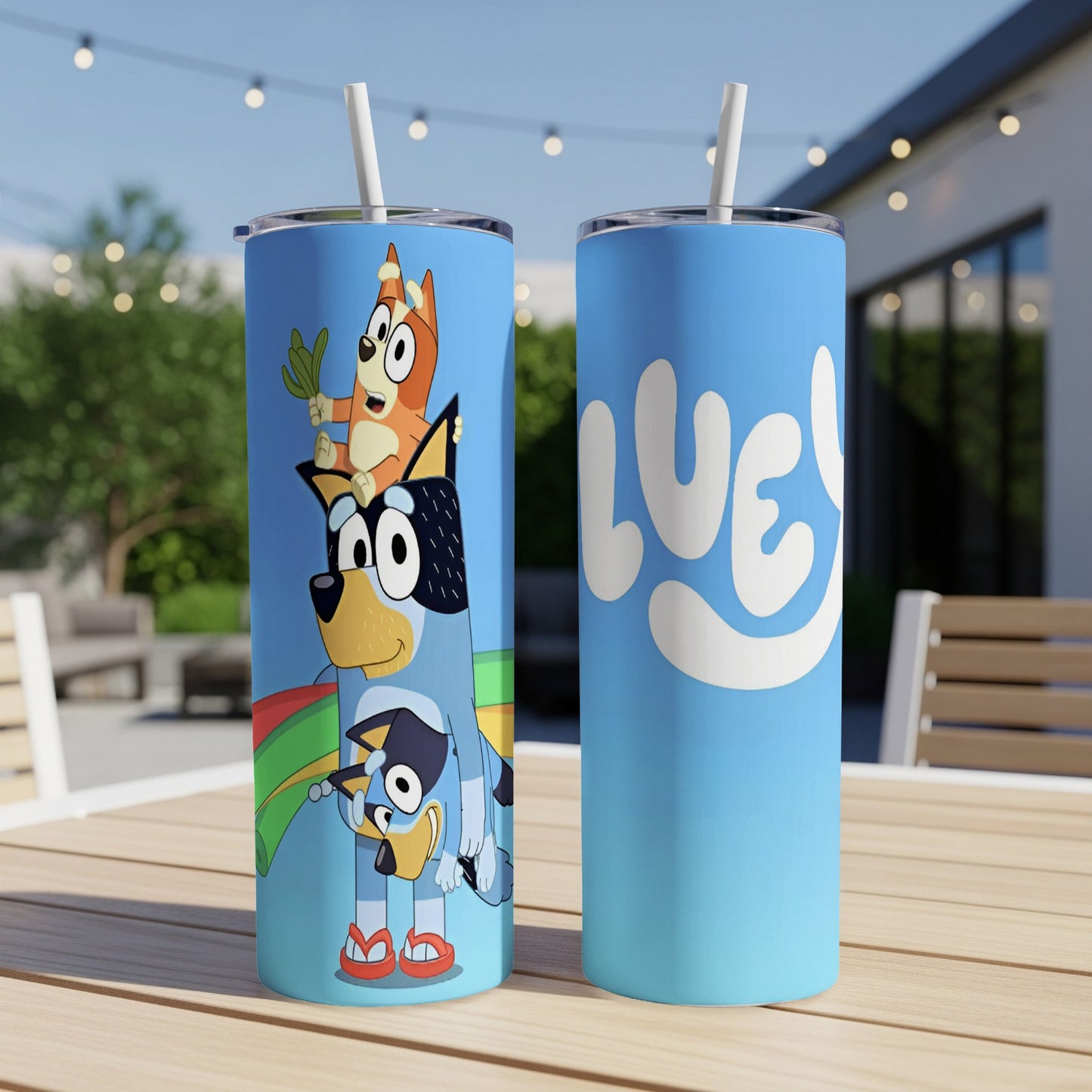 Bluey and Bingo characters stacked on a blue tumbler with "LUCY" text.