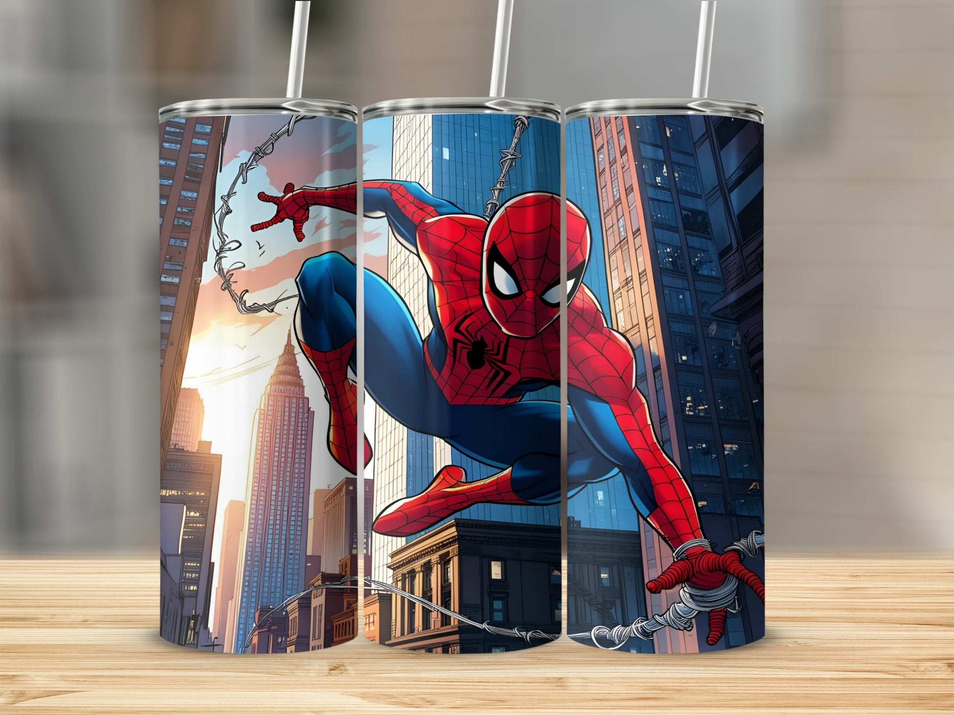 Spiderman swings through a cityscape on a stylized tumbler.