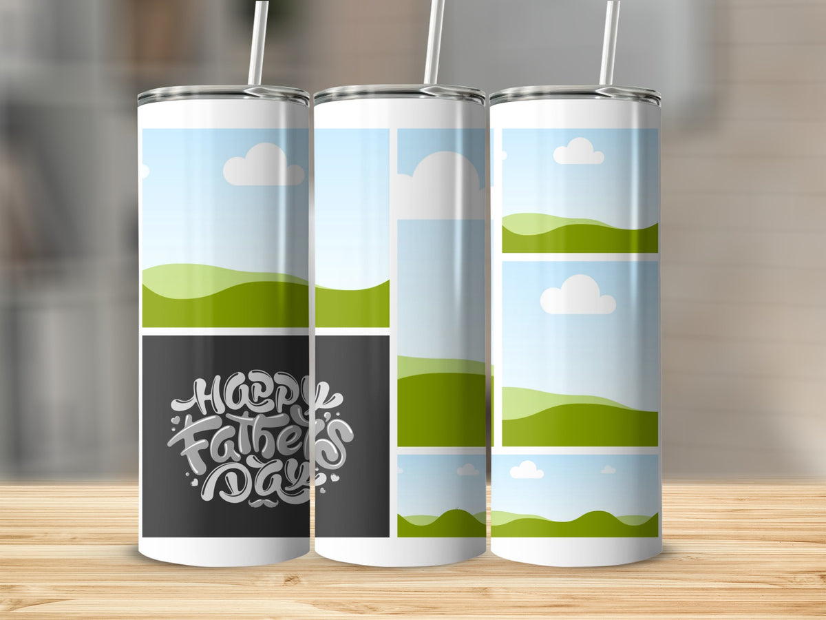 Three tumblers featuring a "Happy Father's Day" design and landscape scene.