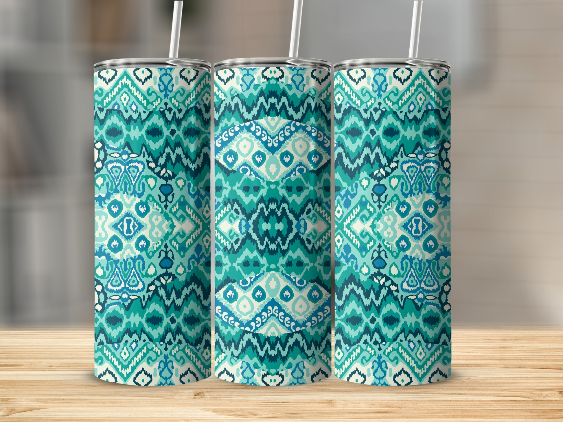 Teal Blue Aztec Pattern Tumbler with Straw