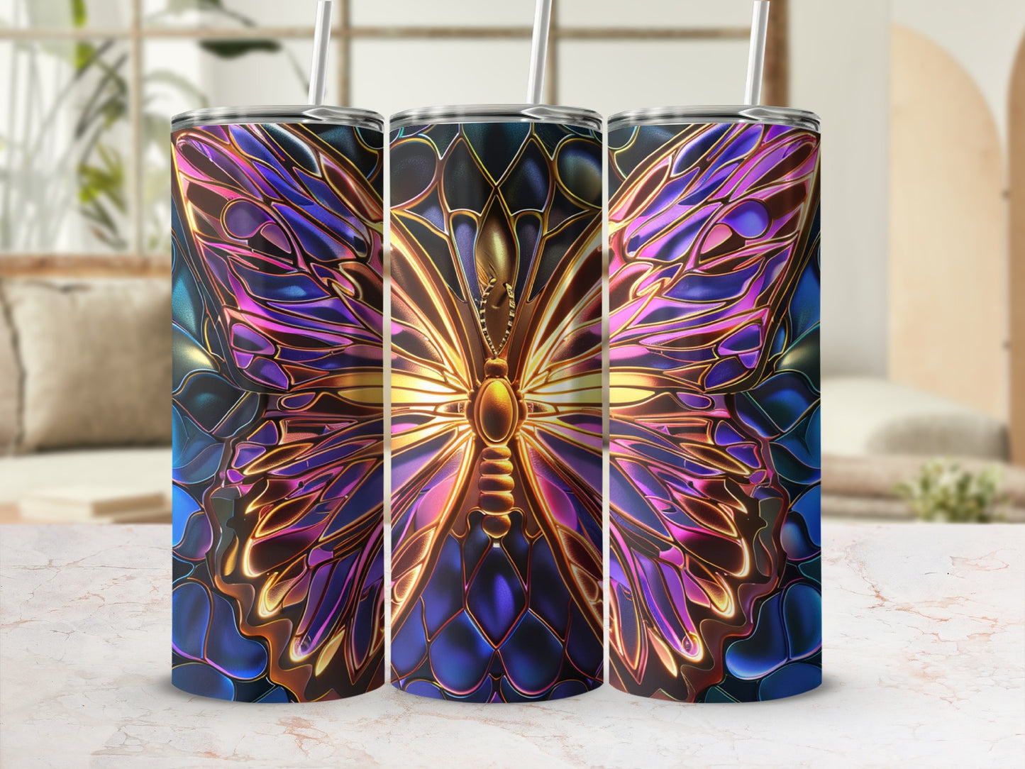 Three tumblers with a stained-glass butterfly design.
