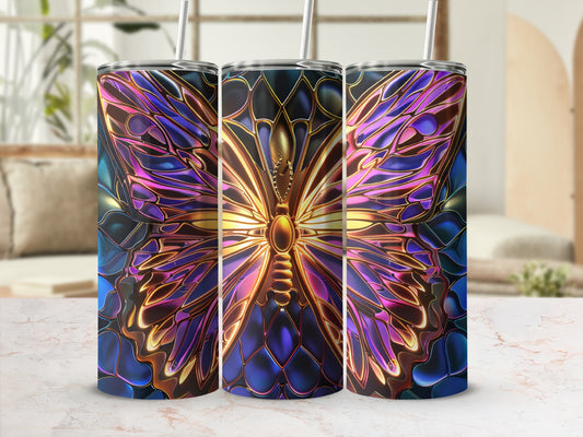 Three tumblers with a stained-glass butterfly design.