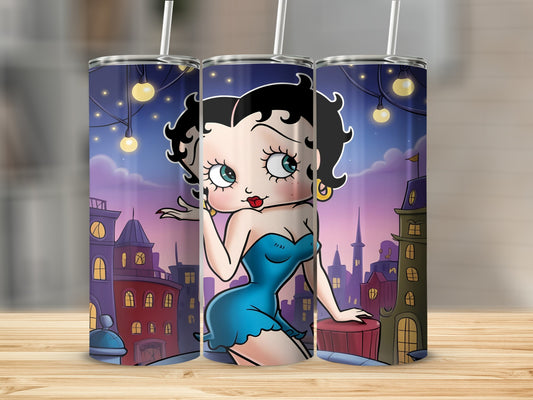 Betty Boop in a blue dress on a city background with string lights.
