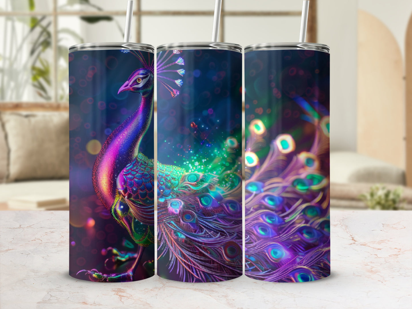 Three tumblers decorated with a vibrant, colorful peacock and shimmering lights.