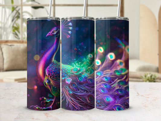 Three tumblers decorated with a vibrant, colorful peacock and shimmering lights.