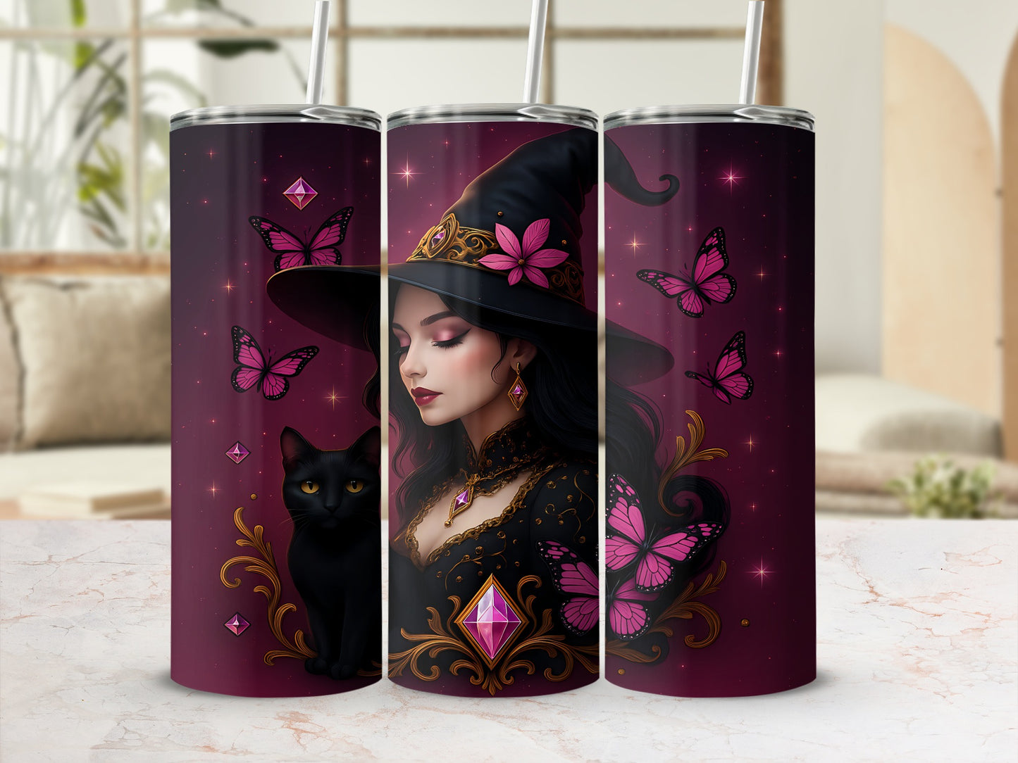 Witch, black cat, and pink butterflies adorn a purple tumbler.