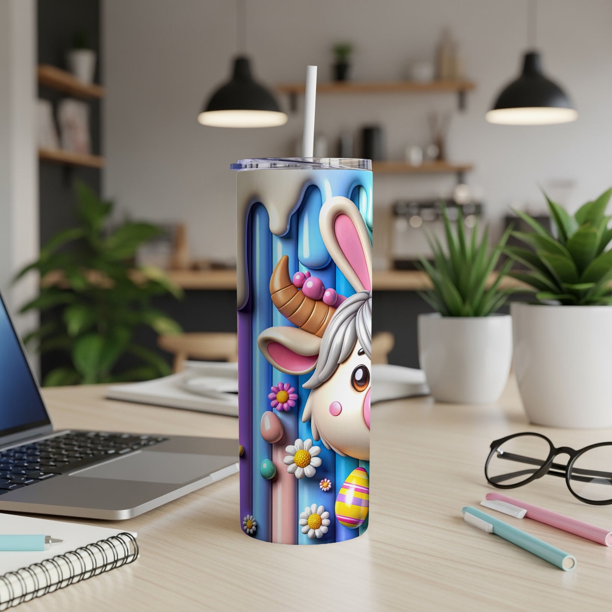 Easter bunny cow tumbler with pastel stripes and decorations.