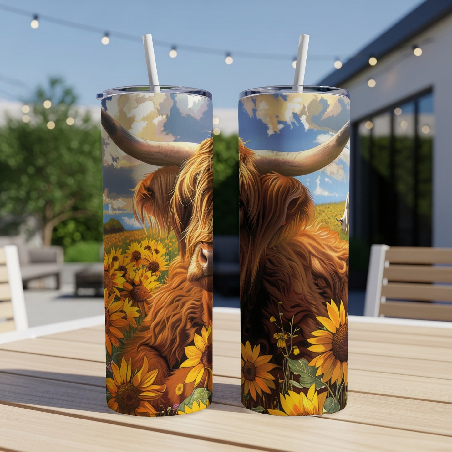 Highland cow with sunflowers on a tumbler.