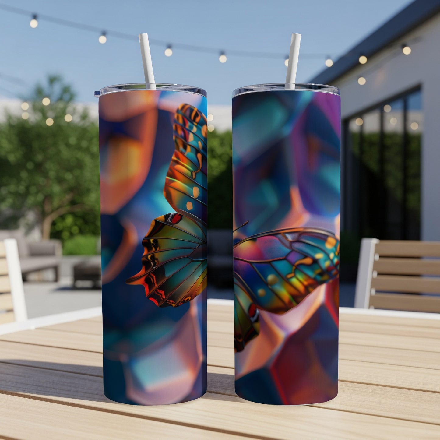 Two tumblers with a colorful butterfly design on a table.