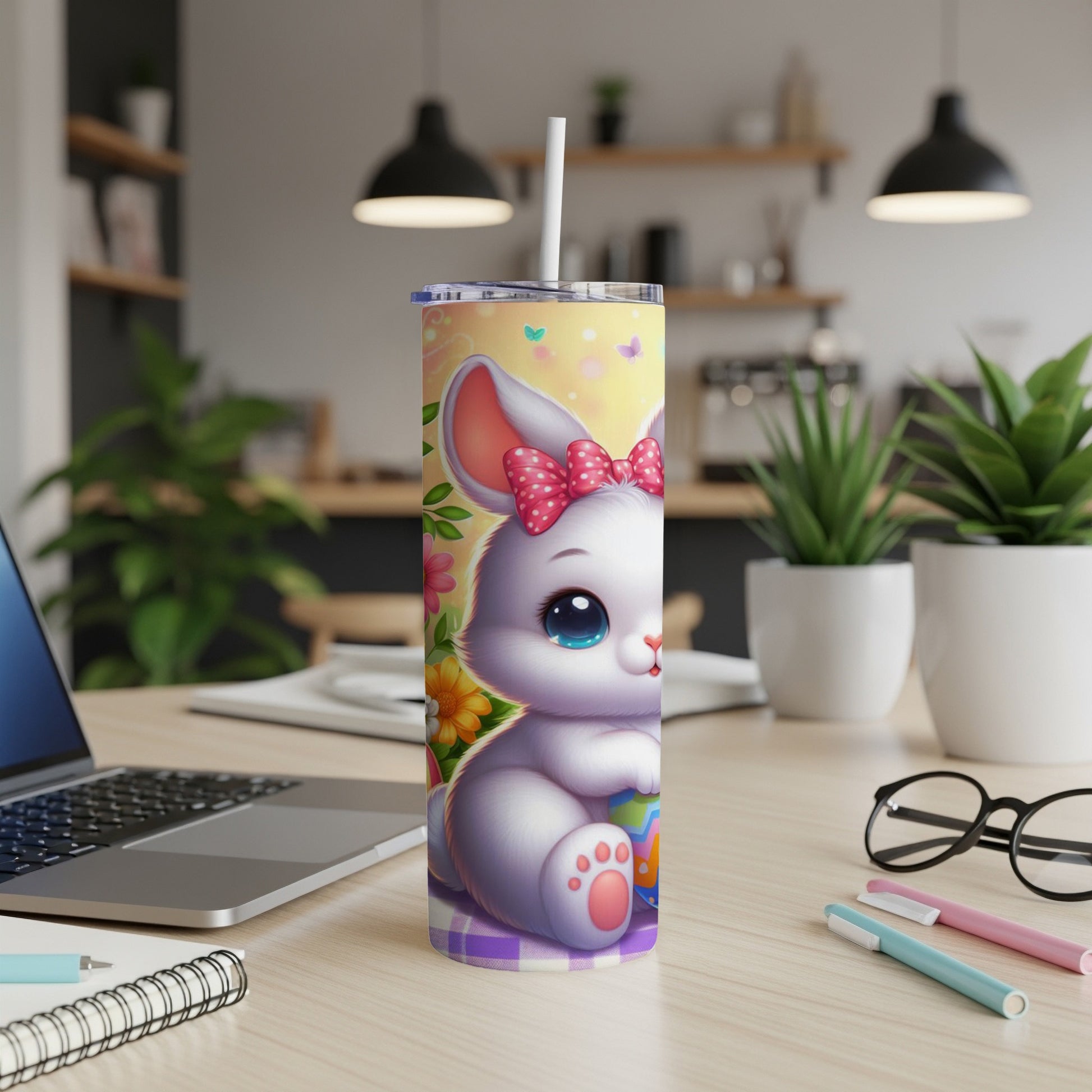 Cute Easter bunny with bow and colorful eggs on a yellow background tumbler.