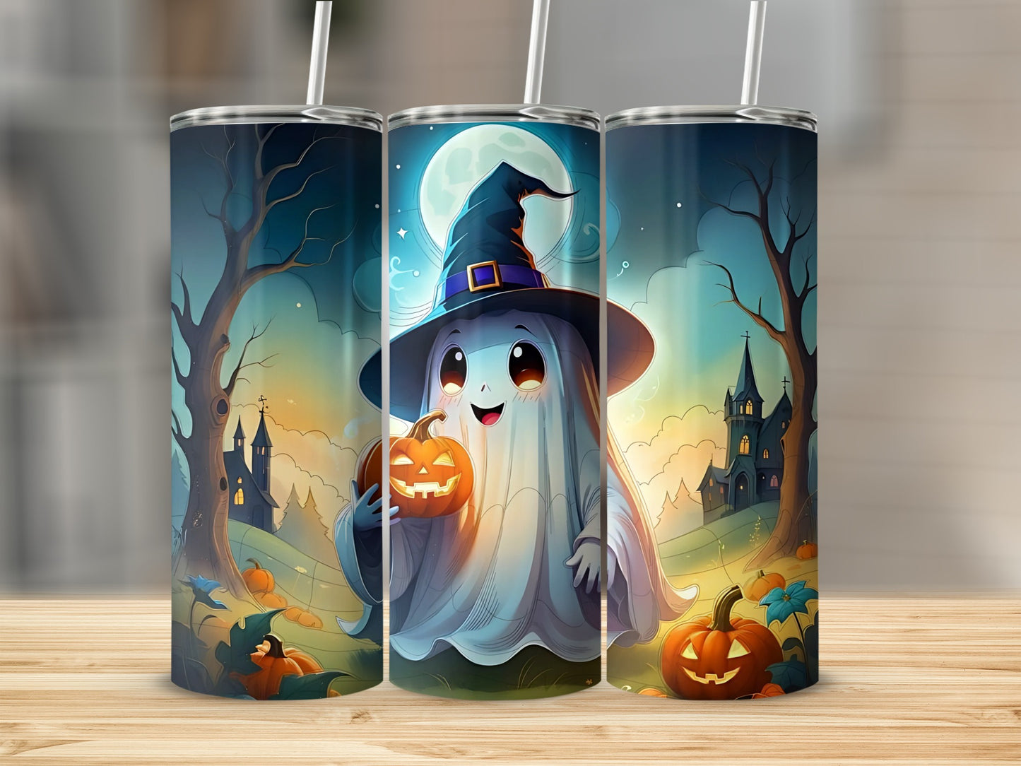 Halloween ghost in witch hat holding pumpkin with pumpkins and spooky castle.