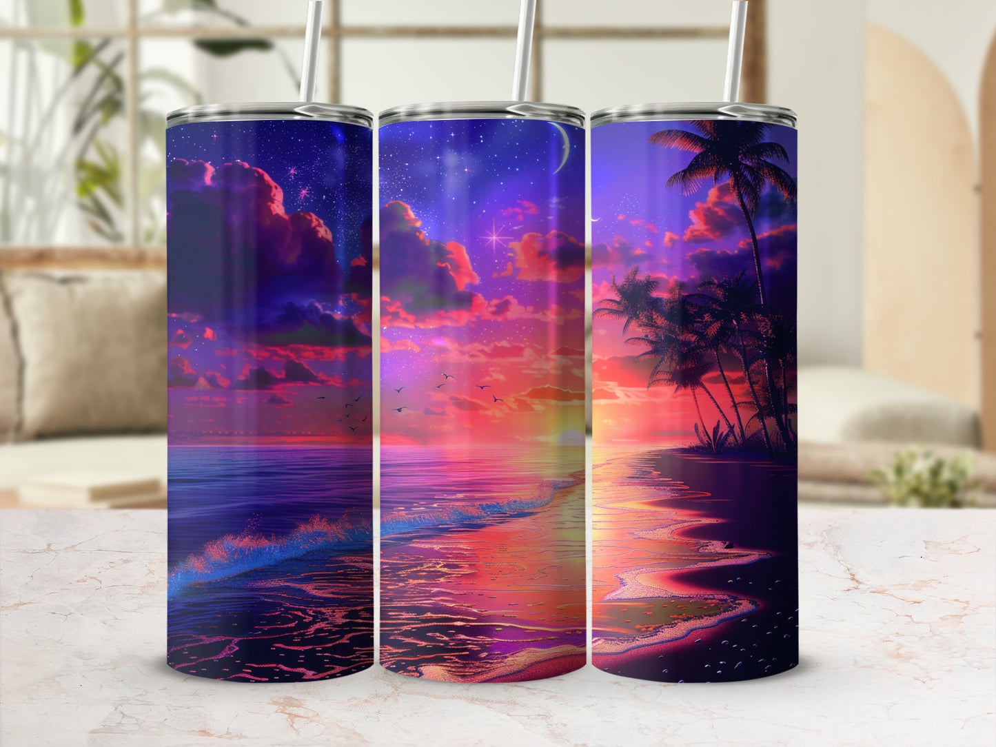Three tumblers with a vibrant sunset beach scene and palm trees.