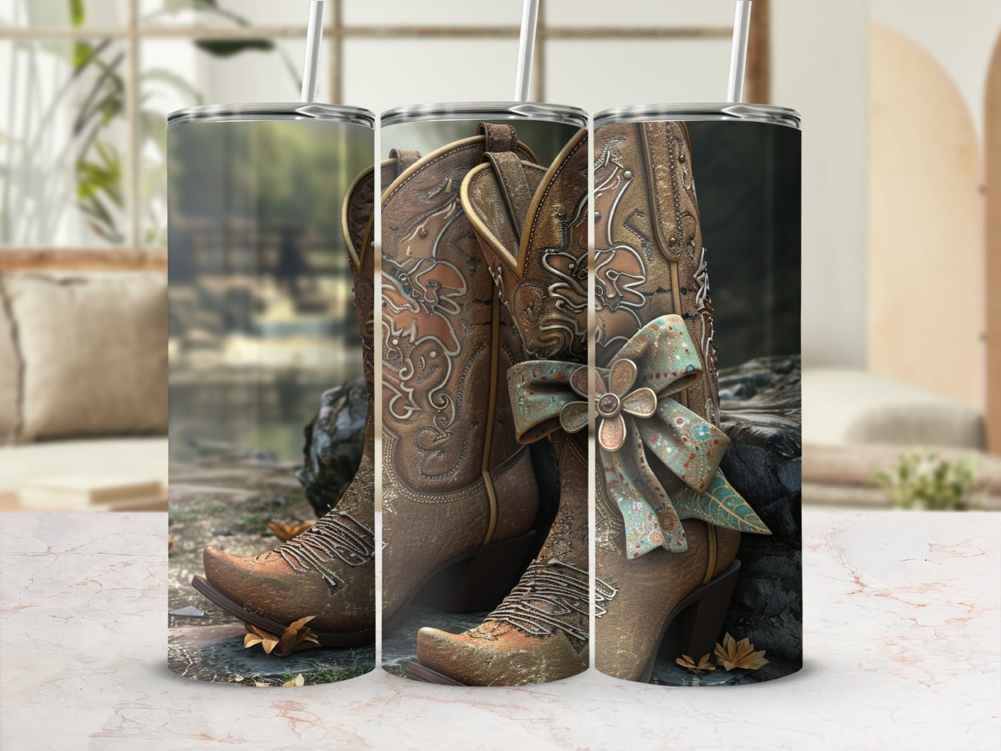 Brown leather cowboy boots with floral designs and a teal ribbon bow.
