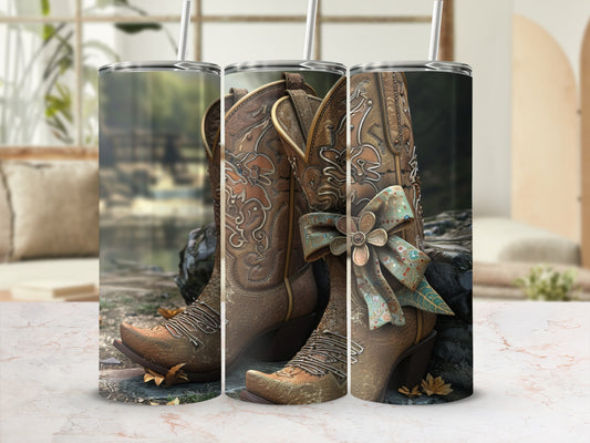 Brown leather cowboy boots with floral designs and a teal ribbon bow.