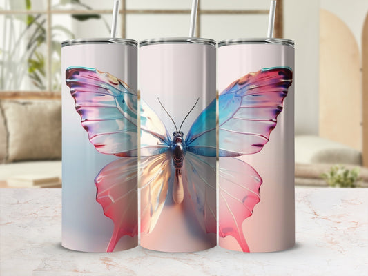 Three tumblers with iridescent butterfly wings design.