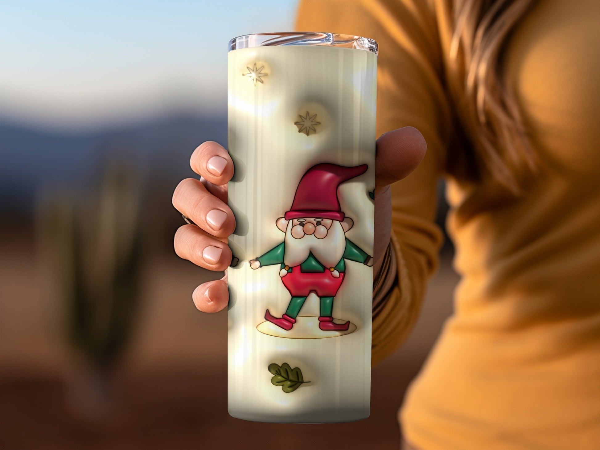 Cute Gnome Design with Stars and Leaves on Beverage Container