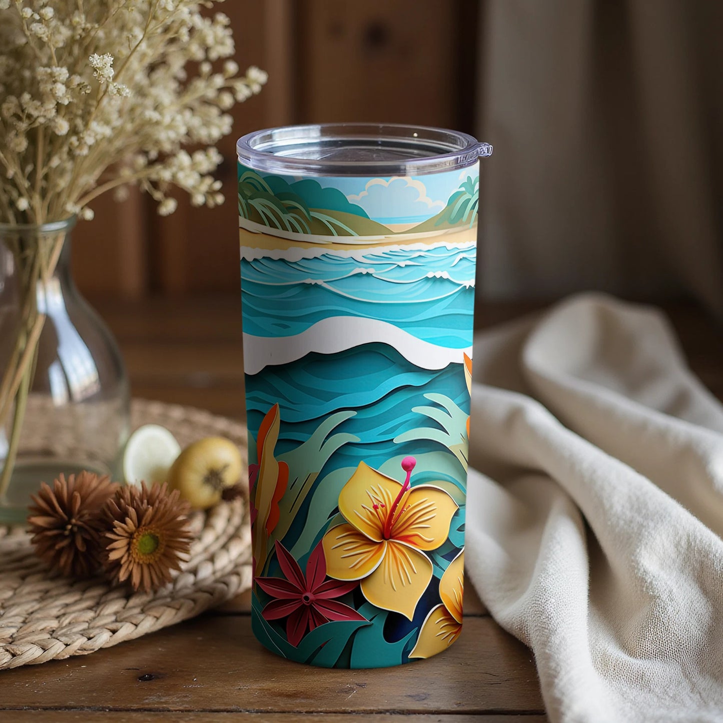Vibrant Tropical Flowers and Ocean Waves Tumbler