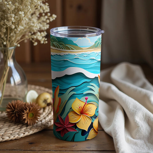 Vibrant Tropical Flowers and Ocean Waves Tumbler