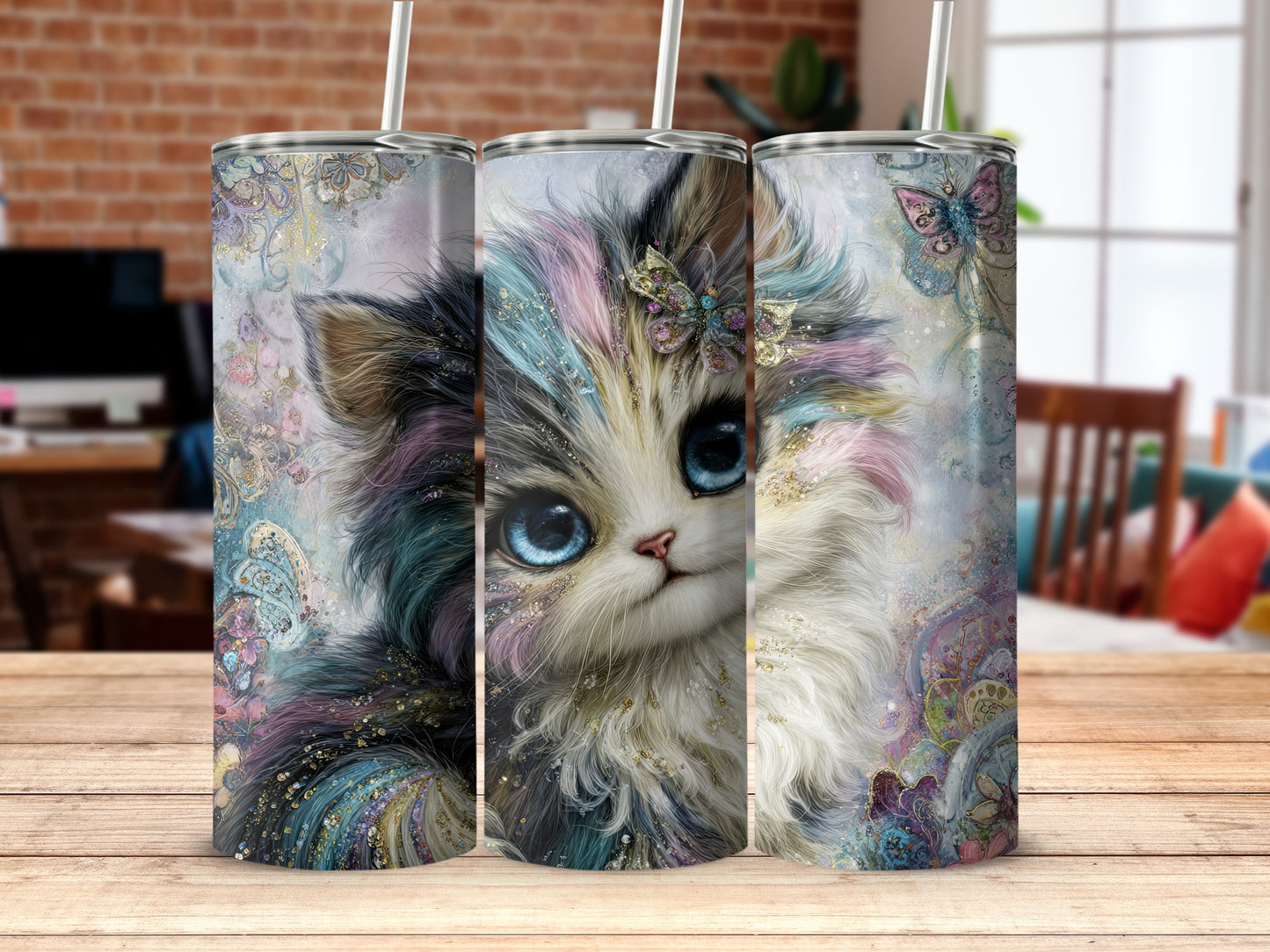 Adorable Colorful Kitten with Butterflies Tumbler
