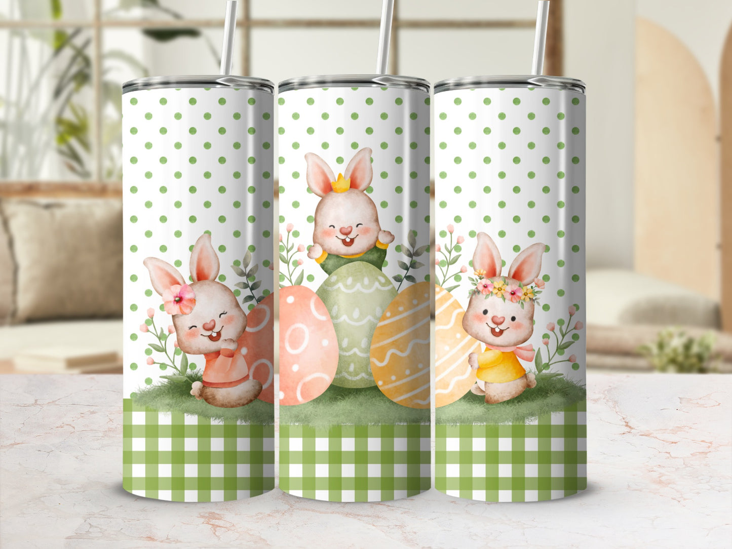 Easter bunny tumblers with green gingham and polka dot pattern.