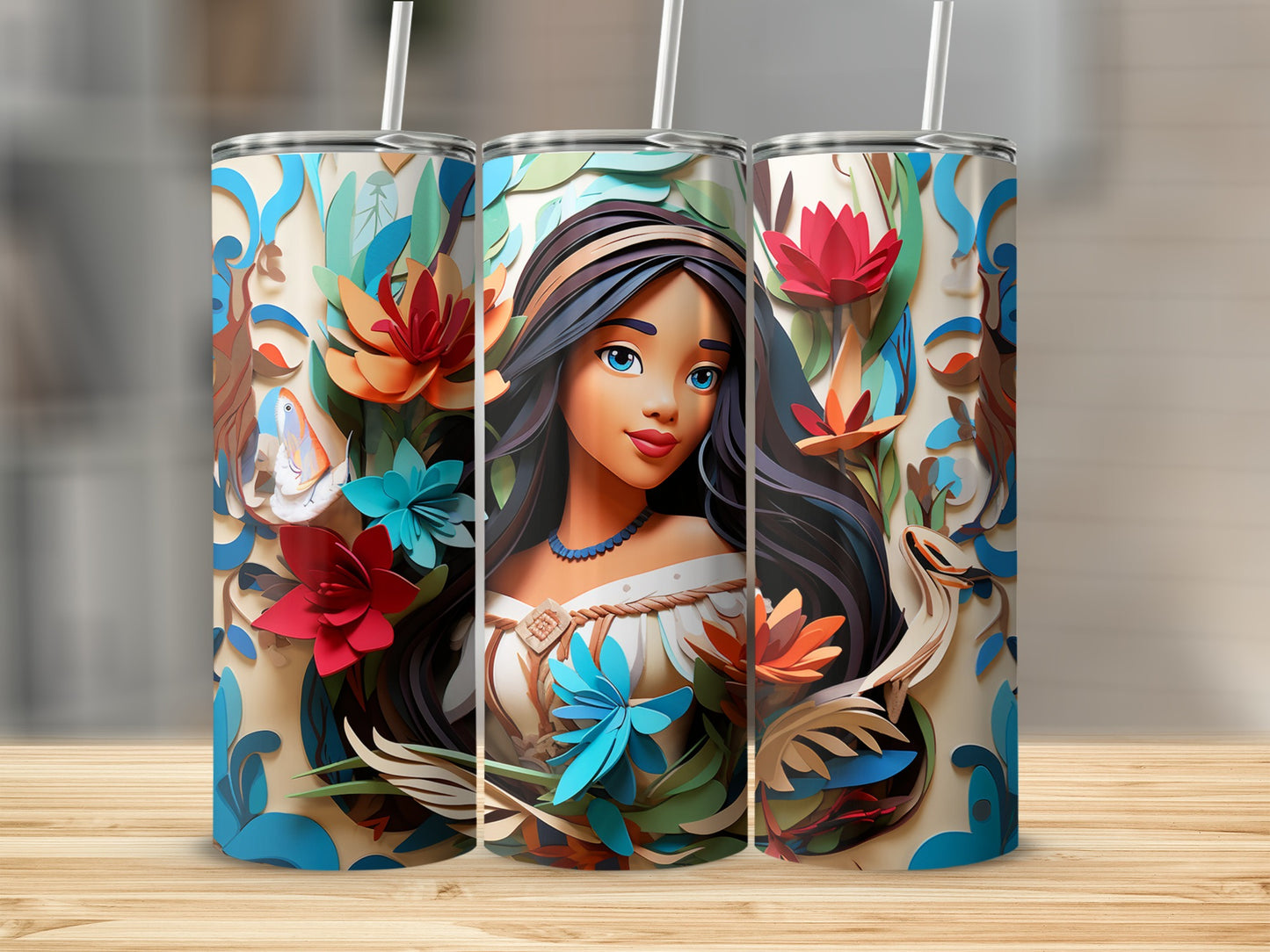 Colorful Floral Design Tumbler with Animated Character