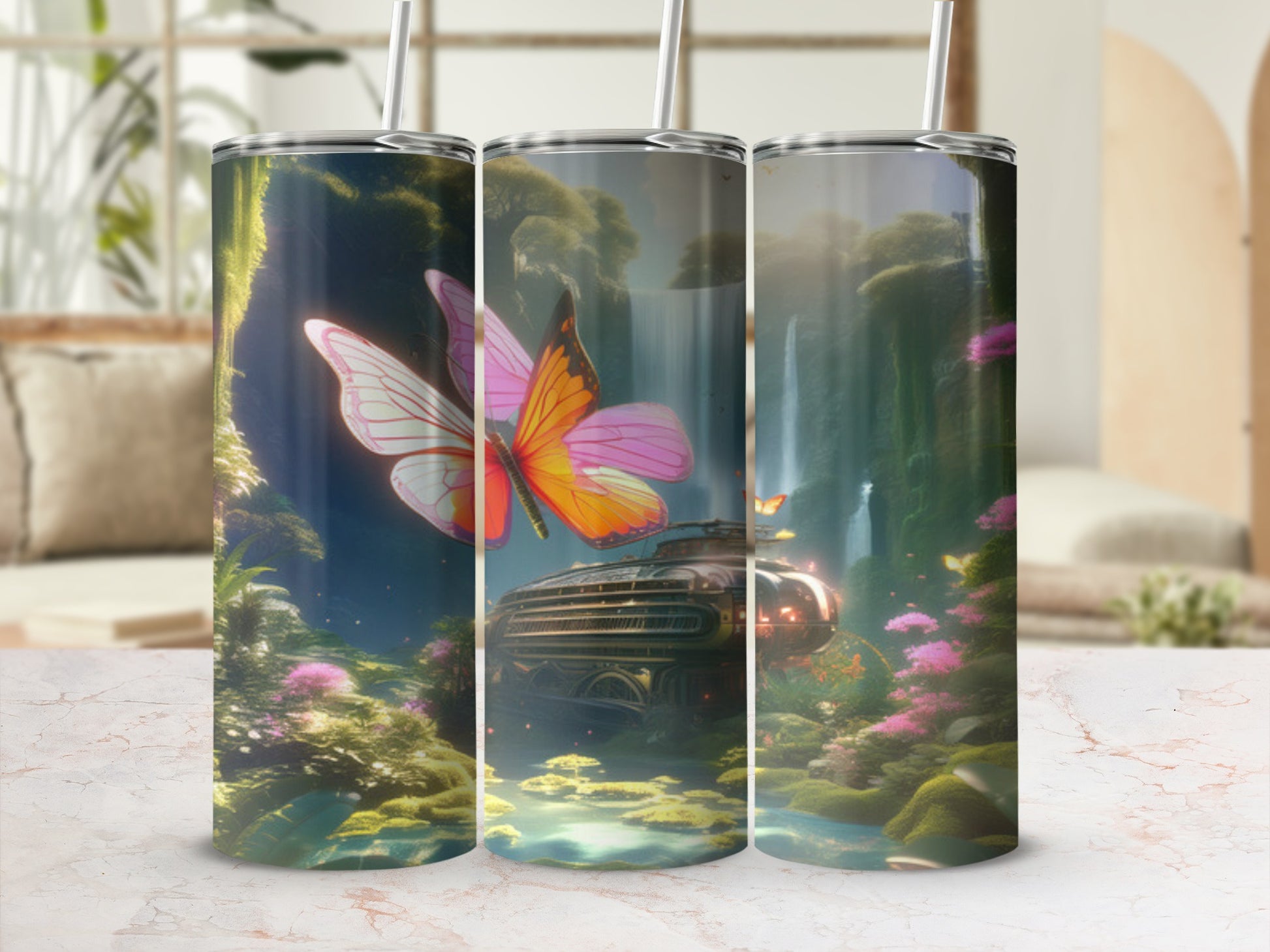 Steampunk butterfly and landscape pattern on a 20 oz tumbler.