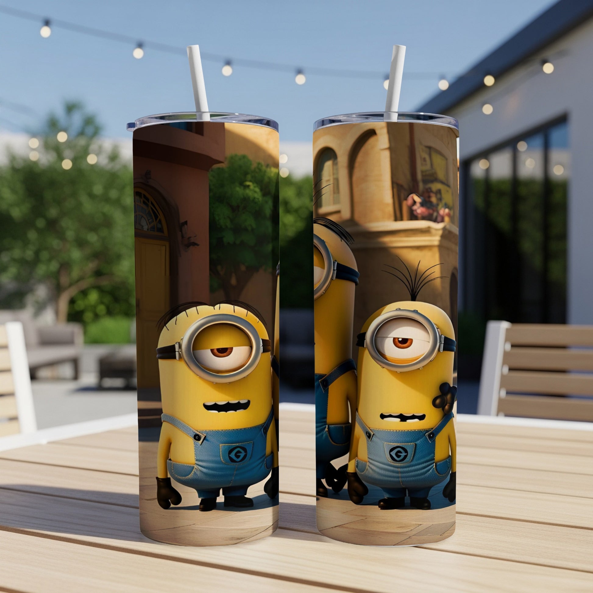 Two Minions on patterned tumblers with straws, outdoors.