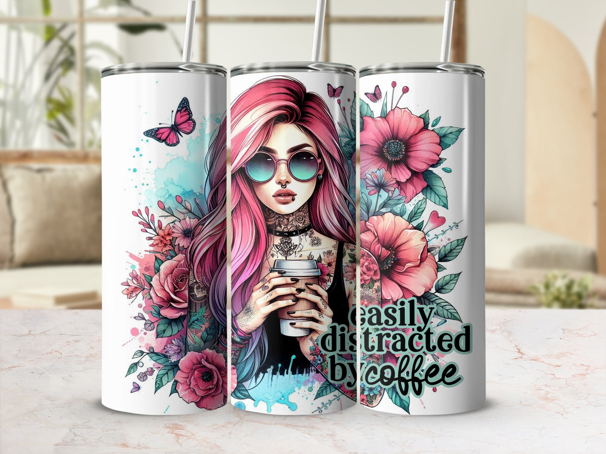 Tattooed woman with pink hair holding coffee, surrounded by flowers and butterflies.