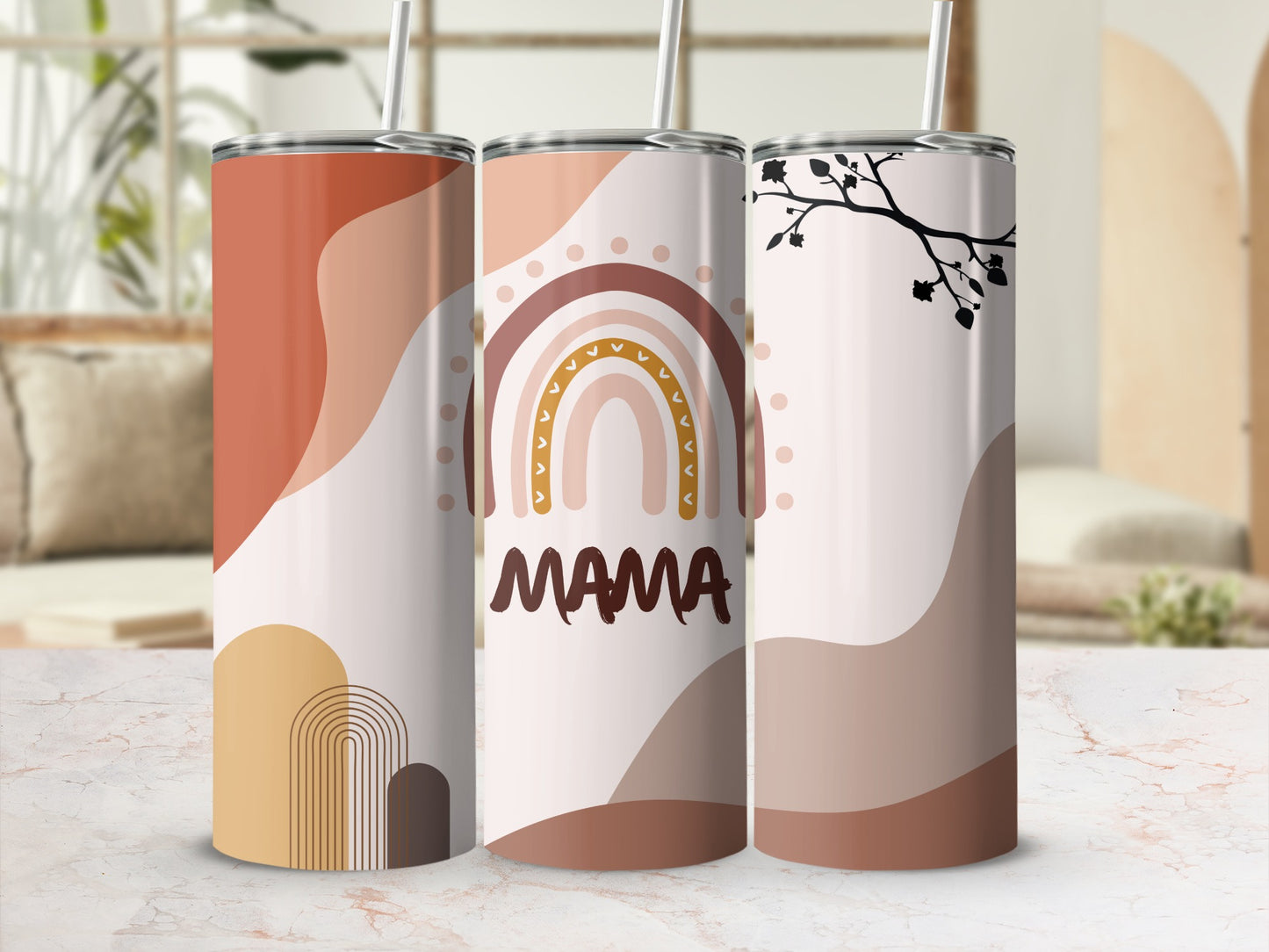 Pastel Abstract Rainbow and Leaf Design Tumbler Cups