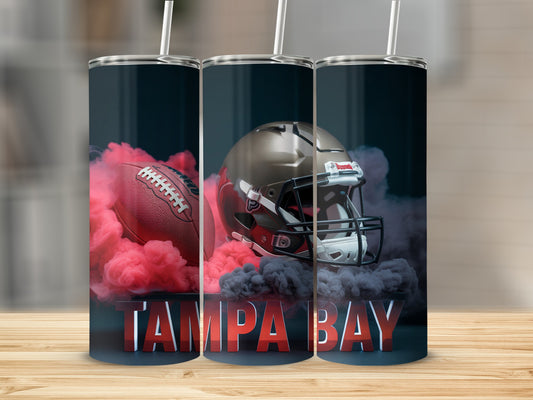 Tampa Bay Buccaneers helmet, football, and team name with red smoke.