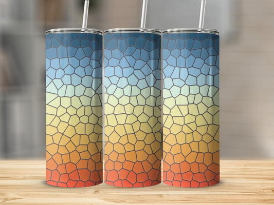 Three tall tumblers with a geometric, stained-glass pattern.