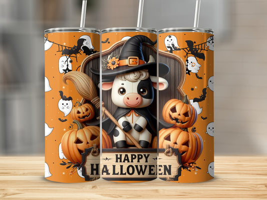 Cute Halloween Cow Witch with Pumpkins and Ghosts Tumbler