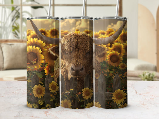 Highland cow with sunflowers behind a wooden fence, on a tumbler.