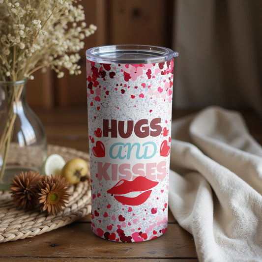 Hugs and Kisses Pink Hearts White Travel Tumbler