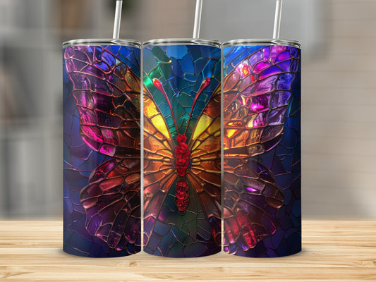 Tumbler with stained glass butterfly design.