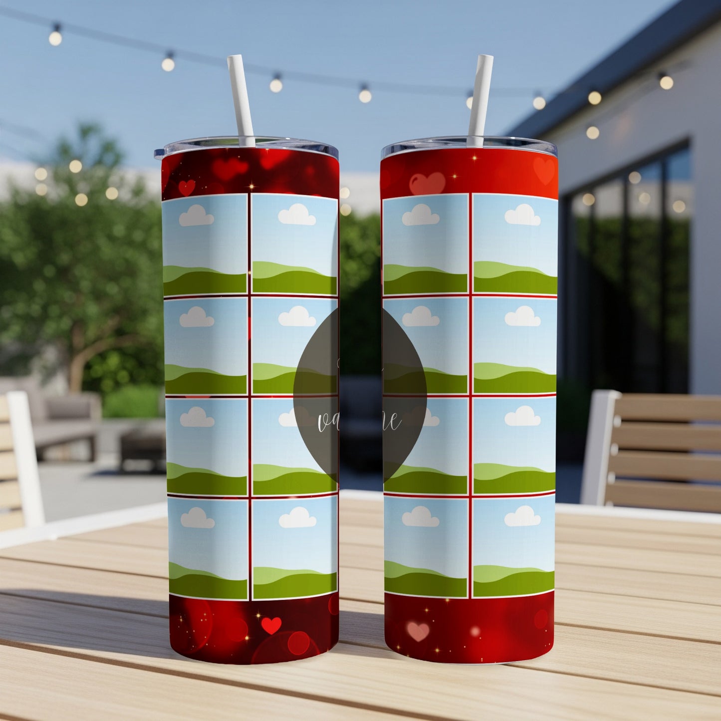 Two red tumblers with photo collage design and a dark overlay with "Valentine" text.