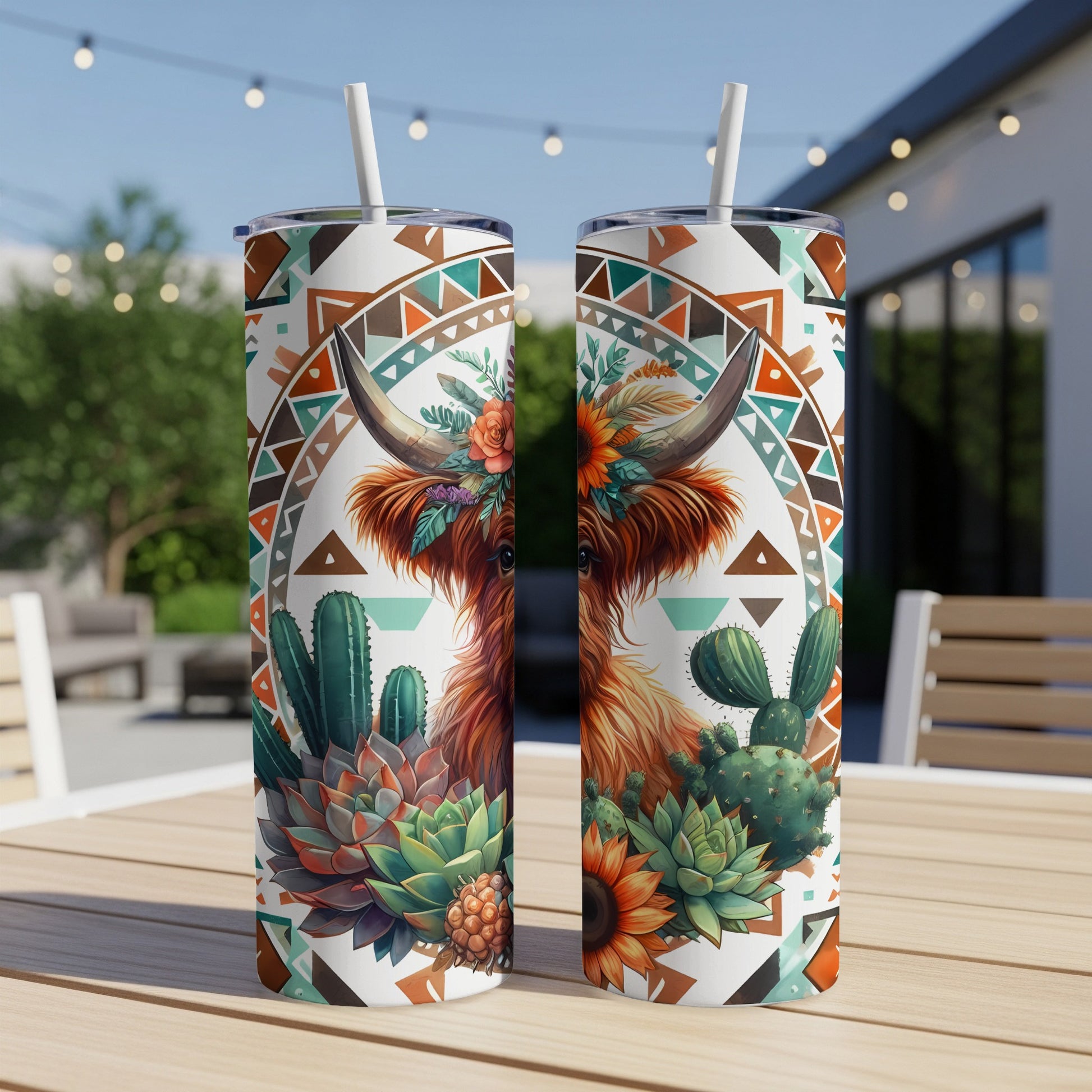 Two tumblers featuring a Highland cow with floral and cactus design.