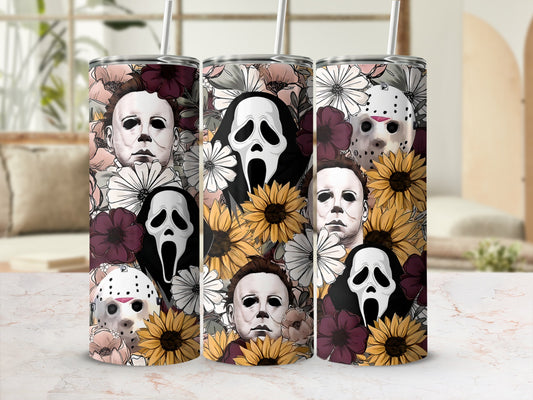 Three tumblers featuring horror characters and floral patterns.
