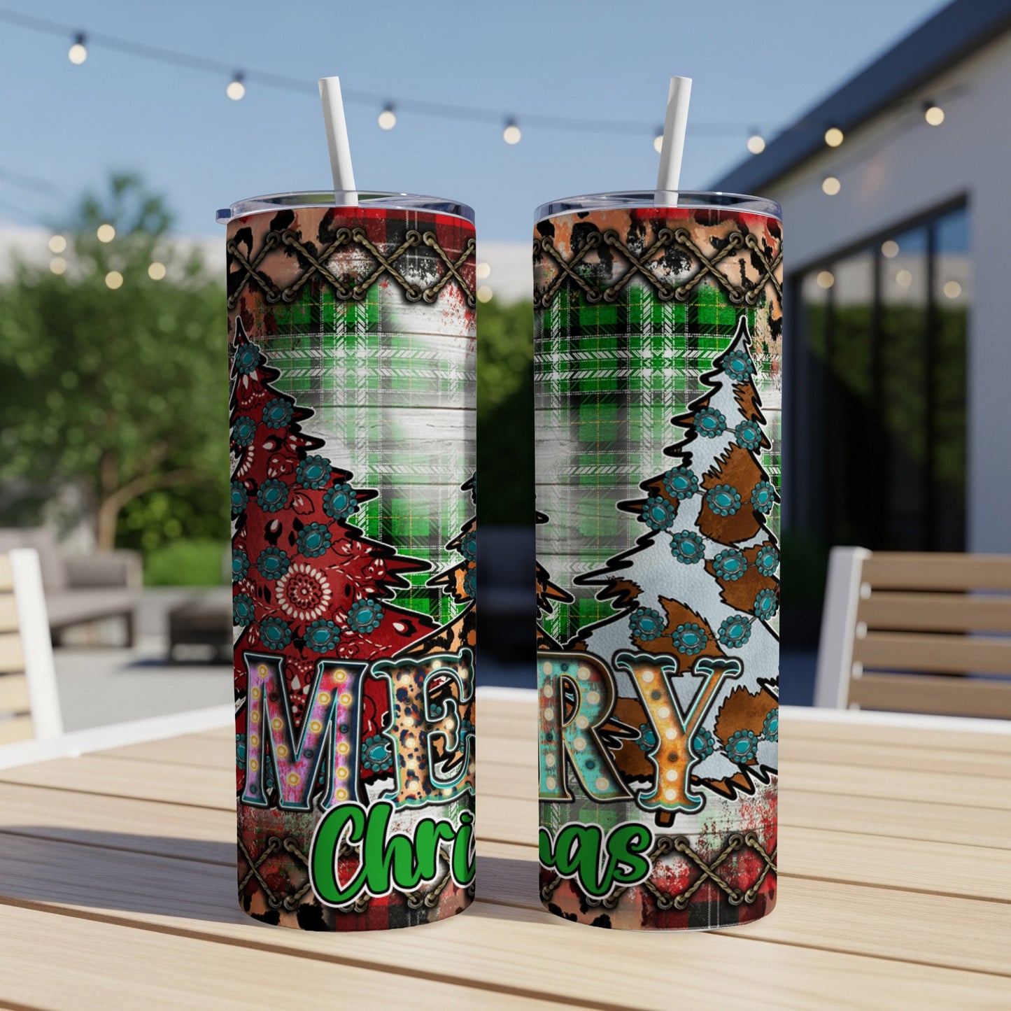 Two tumblers with a Merry Christmas design, featuring trees and plaid.