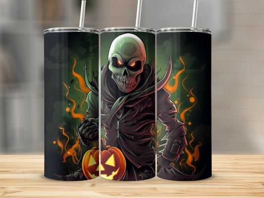 Three tumblers featuring a grim reaper character with a jack-o'-lantern.