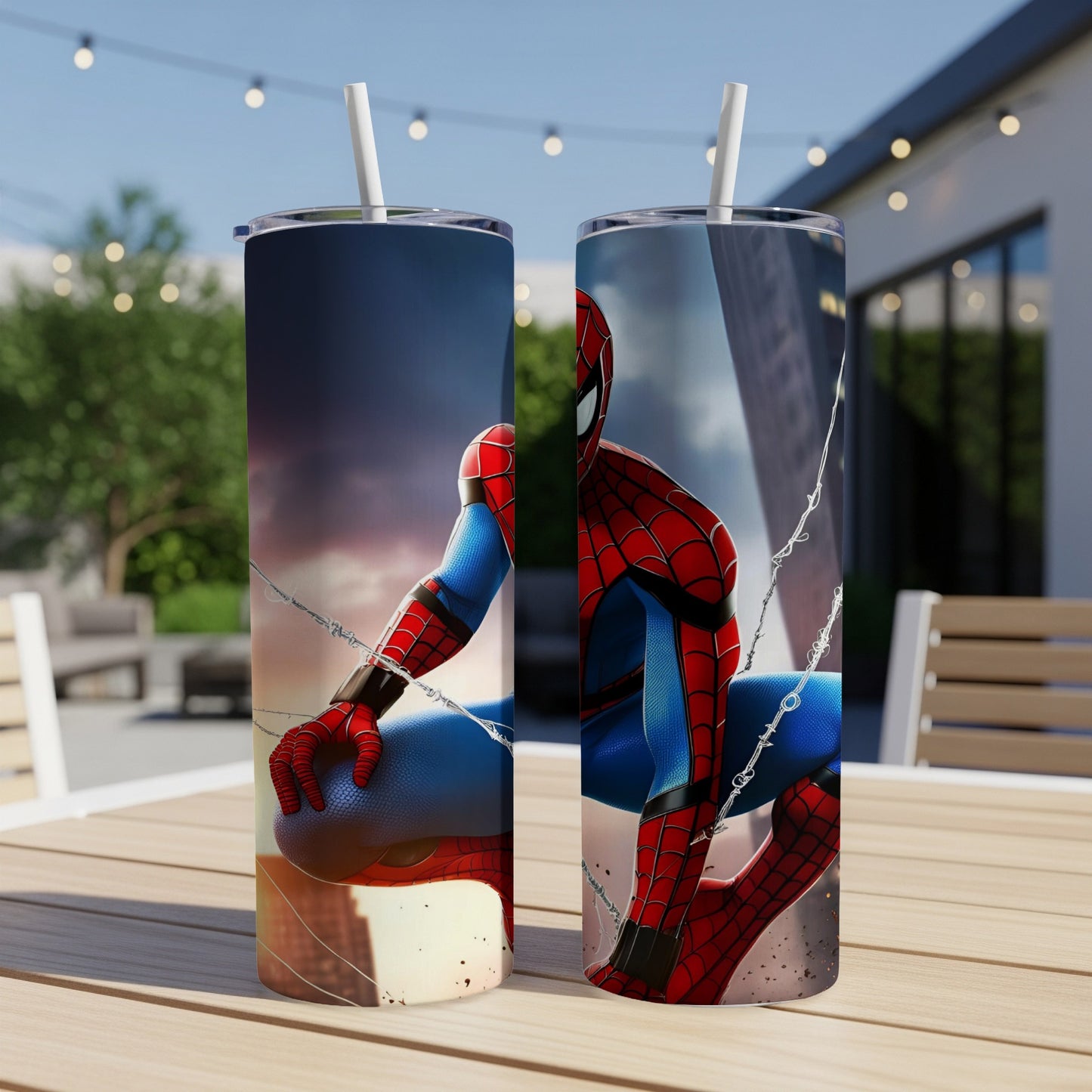 Spider-Man in red and blue suit crouches on a web string, city buildings in background.