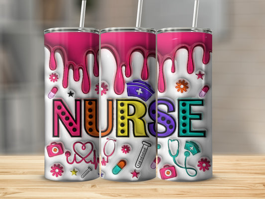 Nurse tumbler with medical icons and colorful dripping paint.