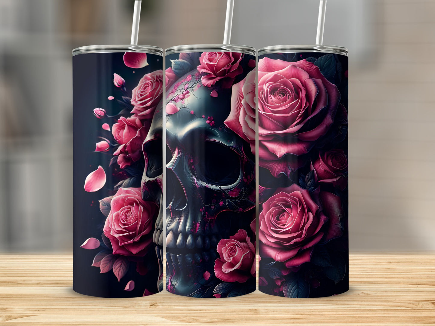 Tumbler with a dark floral skull design featuring pink roses.