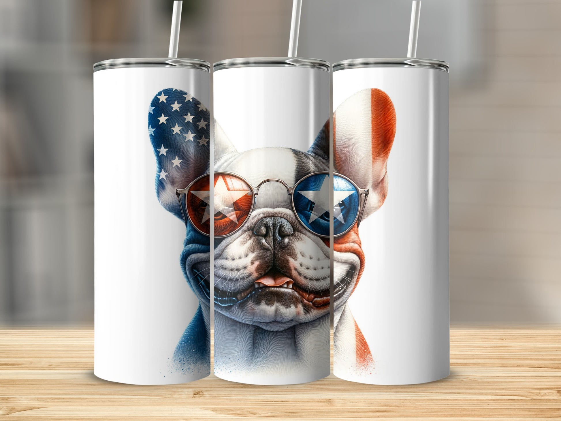 French bulldog wearing patriotic sunglasses on a tumbler.
